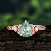 3 Prong Unique Pear Cut Natural Moss Agate Cluster Engagement Ring